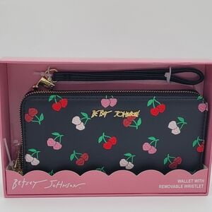 Betsey Johnson Black Wallet Wristlet with Embroidered Cherries